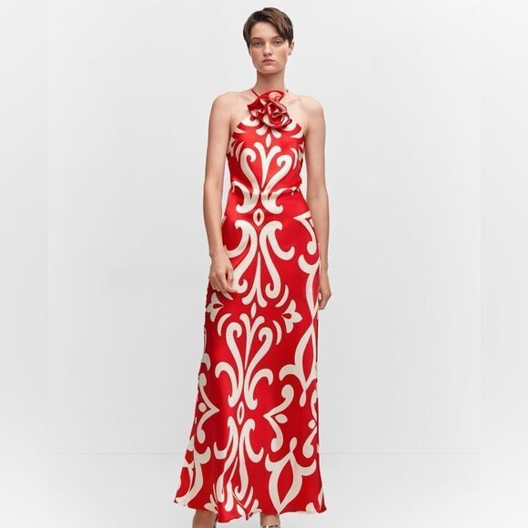 Mango red satin halter dress with floral appliqué - Picture 7 of 15